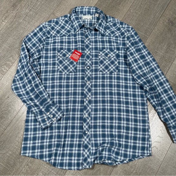 WRANGLER Men’s Wrancher Flannel Shirt Plaid Size 2XT Blue Pearl snap buttons - Picture 1 of 10